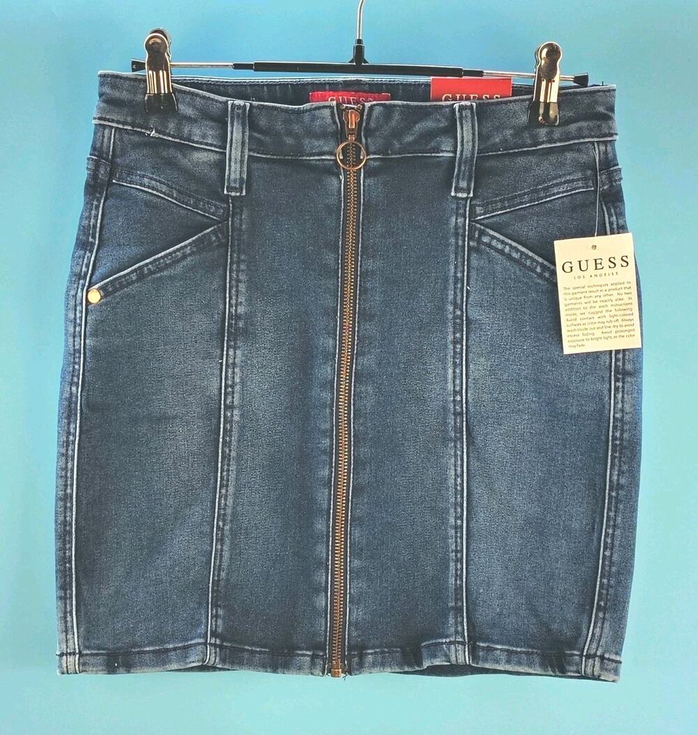 GUESS Denim Mini Skirt Womens Size S Blue Full Zip Front O-Ring NWT